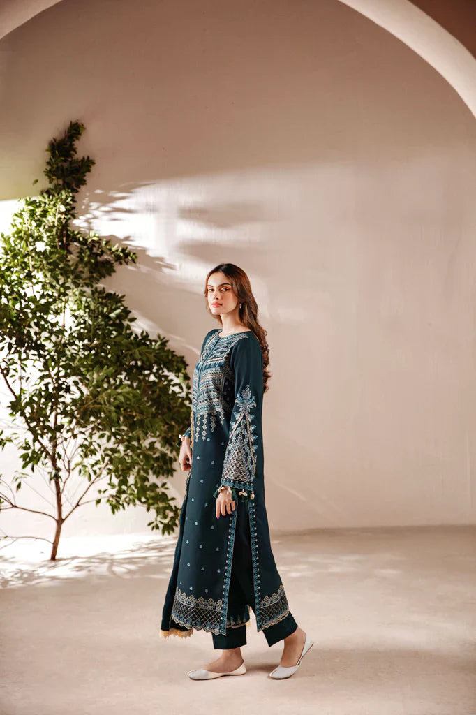 FLORENT - 3PC DHANAK EMBROIDERED SHIRT WITH DHANAK EMBROIDERED SHAWL AND TROUSER - HZG2450