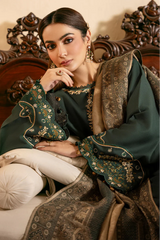 IZEL - 3PC DHANAK EMBROIDERED SHIRT WITH TWILL PRINTED SHAWL AND TROUSER - HZG2612