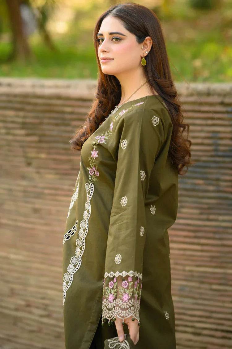 LIBAAS - 3PC KARANDI EMBROIDERED SHIRT WITH KARANDI EMBROIDERED SHAWL AND TROUSER - HZU2462