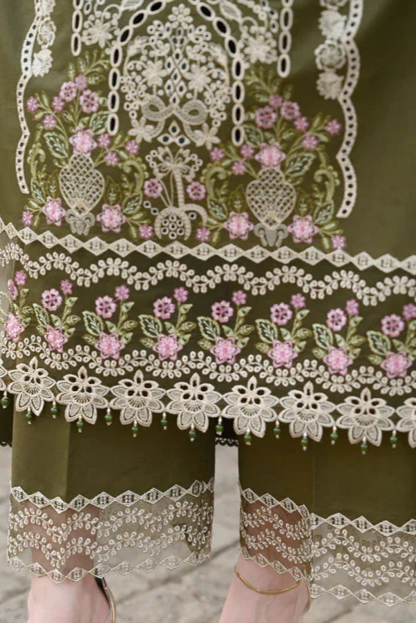 LIBAAS - 3PC KARANDI EMBROIDERED SHIRT WITH KARANDI EMBROIDERED SHAWL AND TROUSER - HZU2462
