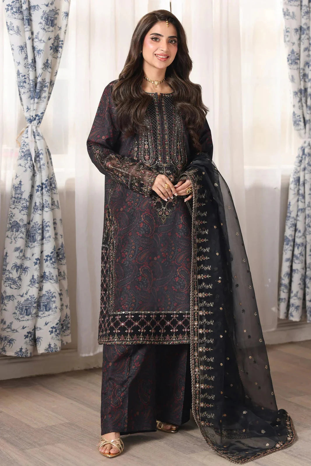 MOHAGNI - 3PC LAWN PRINTED SHIRT WITH ORGANZA EMBROIDERED DUPATTA AND TROUSER - HZG2914