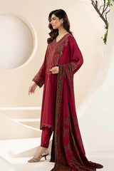MARIA B - 3PC KHADDAR EMBROIDERED SHIRT WITH TWILL PRINTED SHAWL AND TROUSER - HZG2023