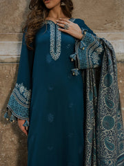 IZEL - 3PC DHANAK EMBROIDERED SHIRT WITH TWILL PRINTED SHAWL AND TROUSER - HZU2584