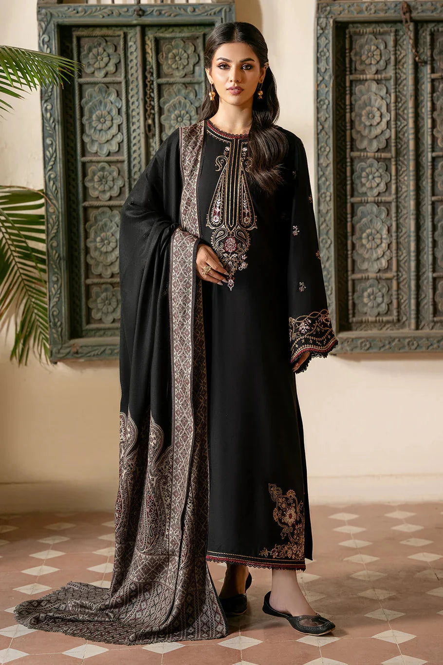 IZEL - 3PC DHANAK EMBROIDERED SHIRT WITH TWILL PRINTED SHAWL AND TROUSER - HZU2593
