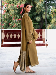 IZEL - 3PC DHANAK EMBROIDERED SHIRT WITH TWILL PRINTED SHAWL AND TROUSER - HZU2586