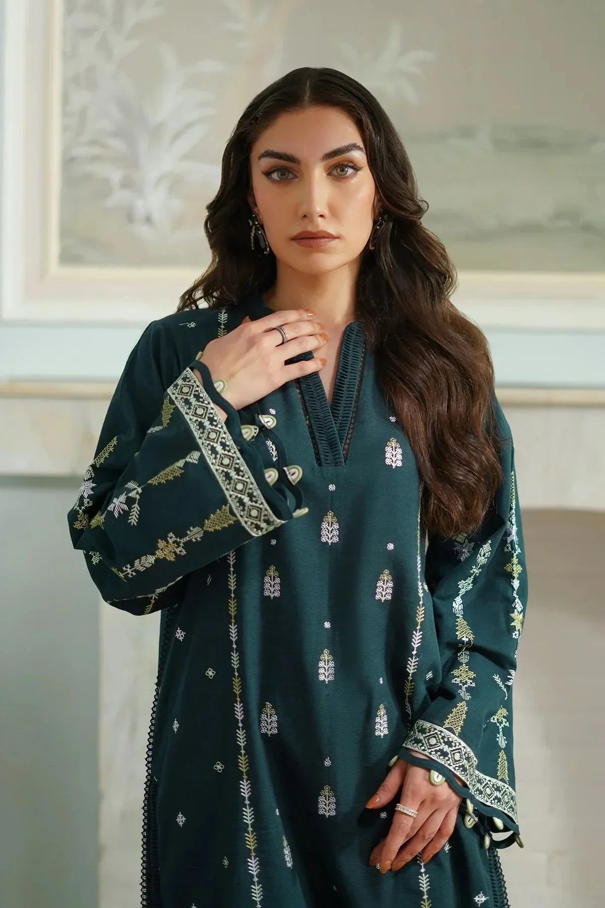 BATIK - 3PC DHANAK EMBROIDERED SHIRT WITH DHANAK EMBROIDERED SHAWL AND TROUSER - HZG2372