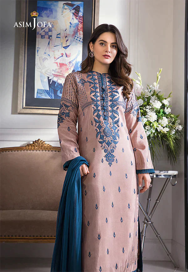 ASIM JOFA - 3PC DHANAK EMBROIDERED SHIRT WITH CHIFFON DUPATTA & TROUSER - HZG2361