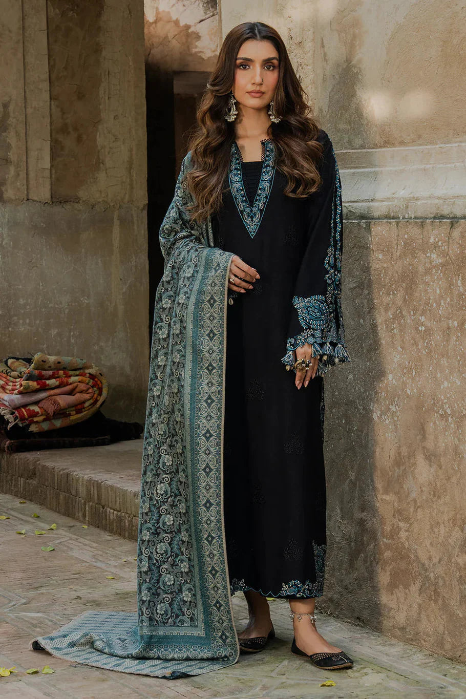 IZEL - 3PC DHANAK EMBROIDERED SHIRT WITH TWILL PRINTED SHAWL AND TROUSER - HZU2587