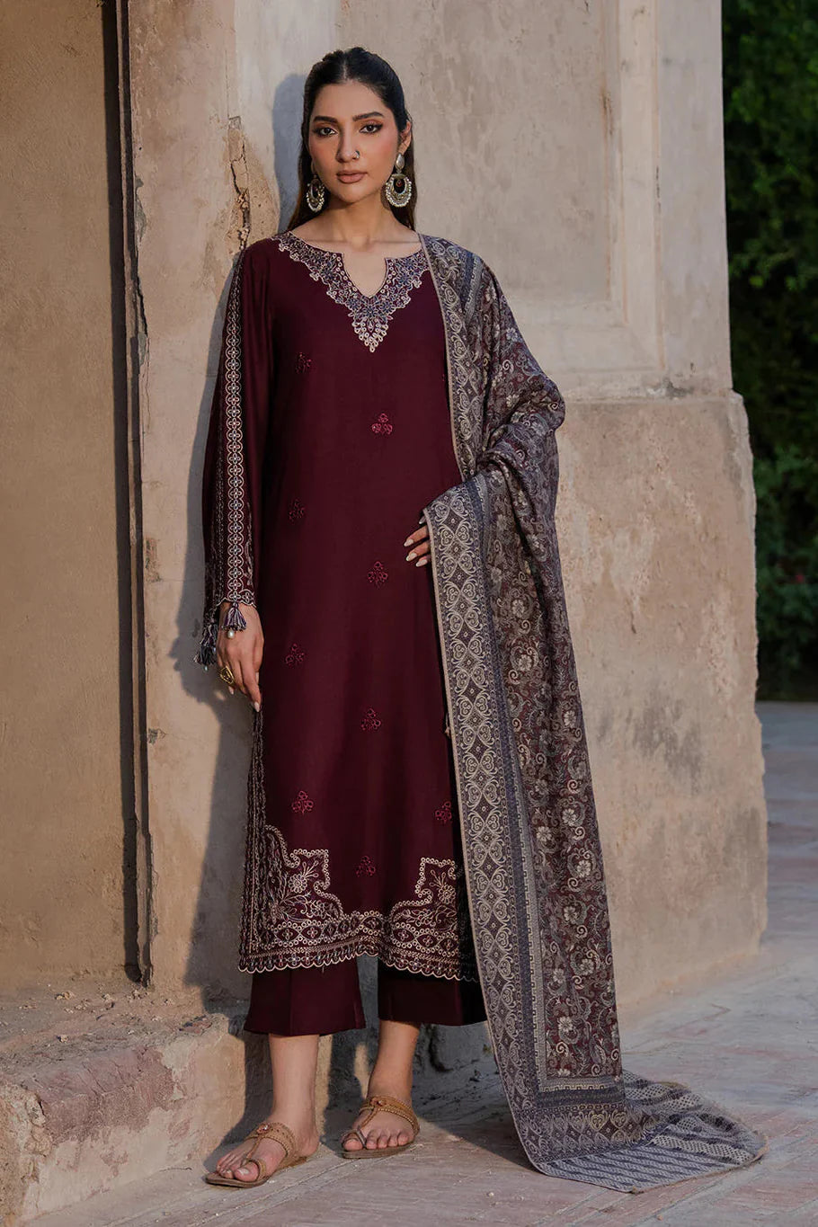 IZEL - 3PC DHANAK EMBROIDERED SHIRT WITH TWILL PRINTED SHAWL AND TROUSER - HZU2588