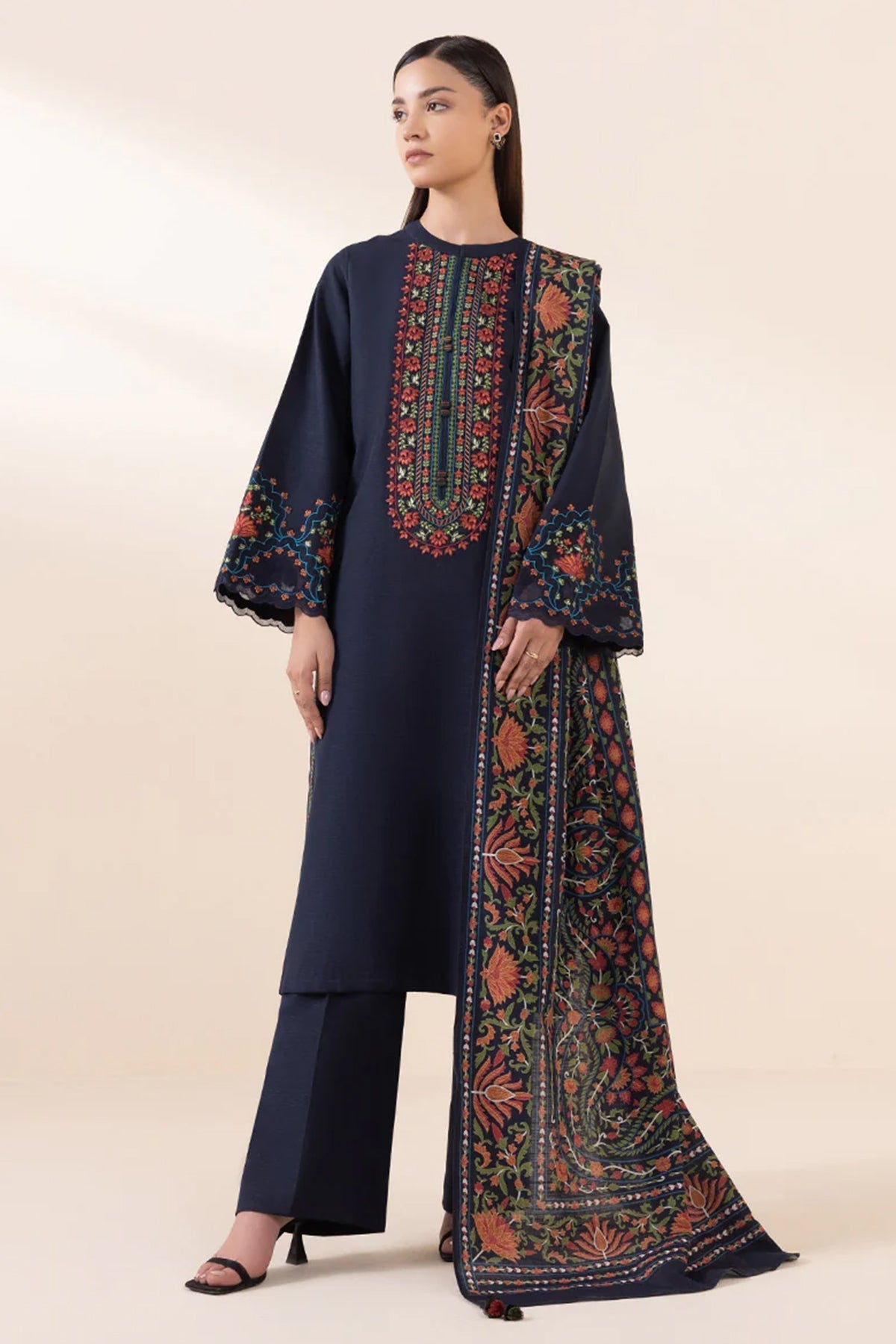 SAPPHIRE - 3PC KHADDAR EMBROIDERED SHIRT WITH TWILL PRINTED SHAWL AND TROUSER - HZG1846