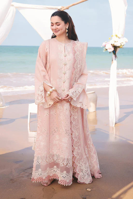 IMROZIA PREMIUM - 3PC LAWN LASERWORK EMBROIDERED SHIRT WITH KHADDI NET EMBROIDERED DUPATTA AND TROUSER - HZG2815