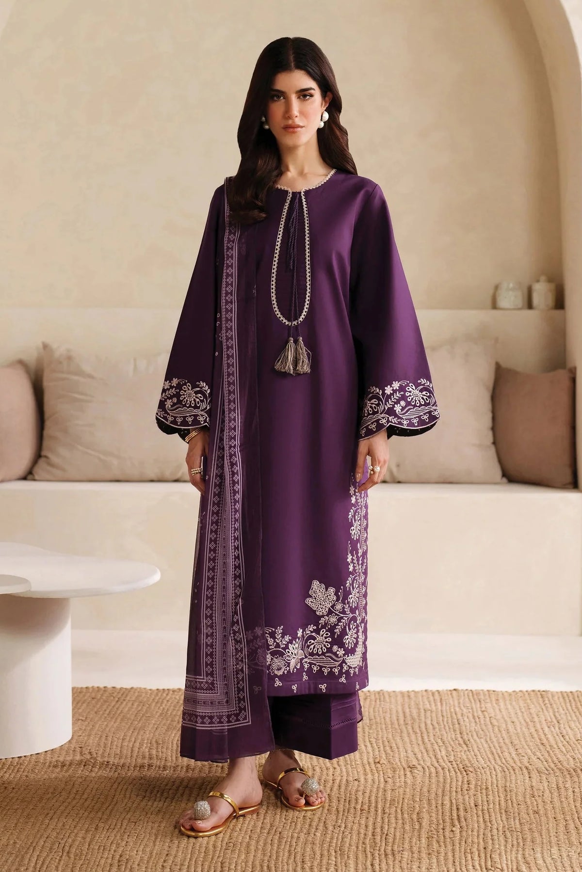 GARNET - 3PC DHANAK EMBROIDERED SHIRT WITH TWILL PRINTED SHAWL AND TROUSER - HZG2479