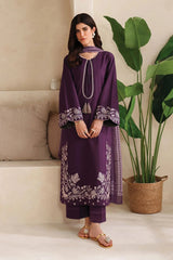 GARNET - 3PC DHANAK EMBROIDERED SHIRT WITH TWILL PRINTED SHAWL AND TROUSER - HZG2479