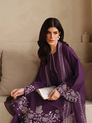 GARNET - 3PC DHANAK EMBROIDERED SHIRT WITH TWILL PRINTED SHAWL AND TROUSER - HZG2479