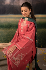 URGE - 3PC DHANAK EMBROIDERED SHIRT WITH TWILL PRINTED SHAWL AND TROUSER - HZG2385