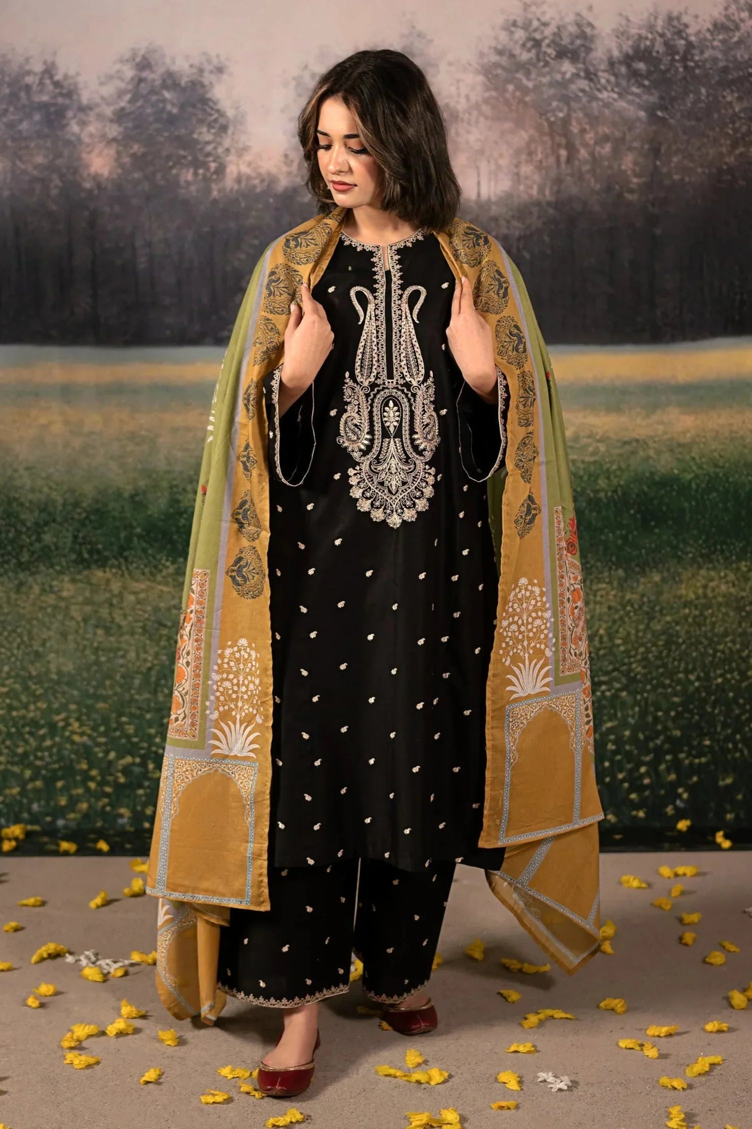 URGE - 3PC DHANAK EMBROIDERED SHIRT WITH TWILL PRINTED SHAWL AND TROUSER - HZG2371