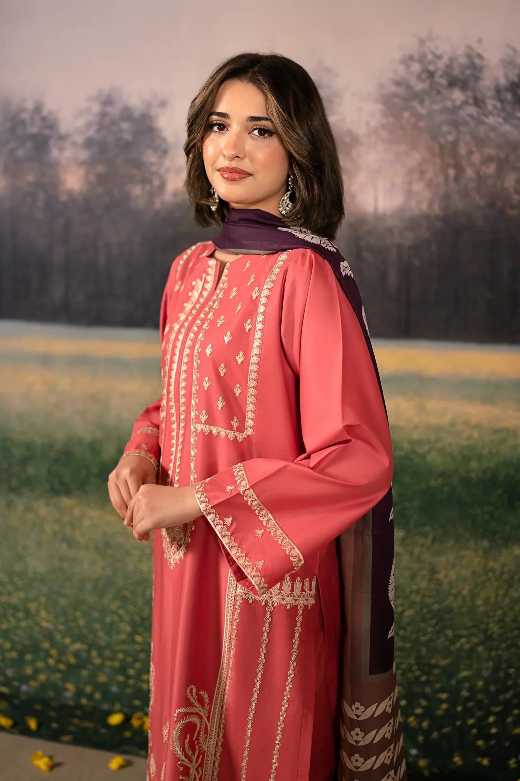 URGE - 3PC DHANAK EMBROIDERED SHIRT WITH TWILL PRINTED SHAWL AND TROUSER - HZG2389