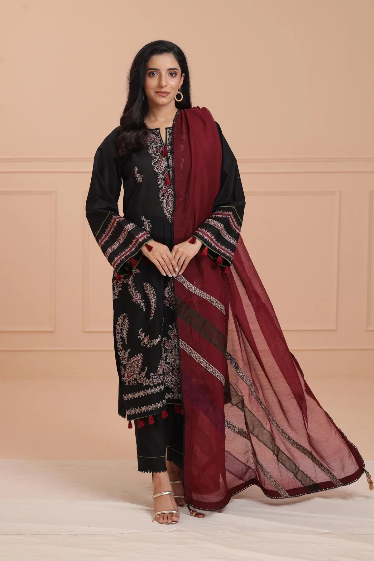 JAZMIN - 3PC DHANAK EMBROIDERED SHIRT WITH MANAAR PRINTED DUPATTA  AND TROUSER - HZG2452