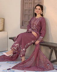 JADE - 3PC DHANAK EMBROIDERED SHIRT WITH DHANAK EMBROIDERED DUPATTA AND TROUSER - HZG2225