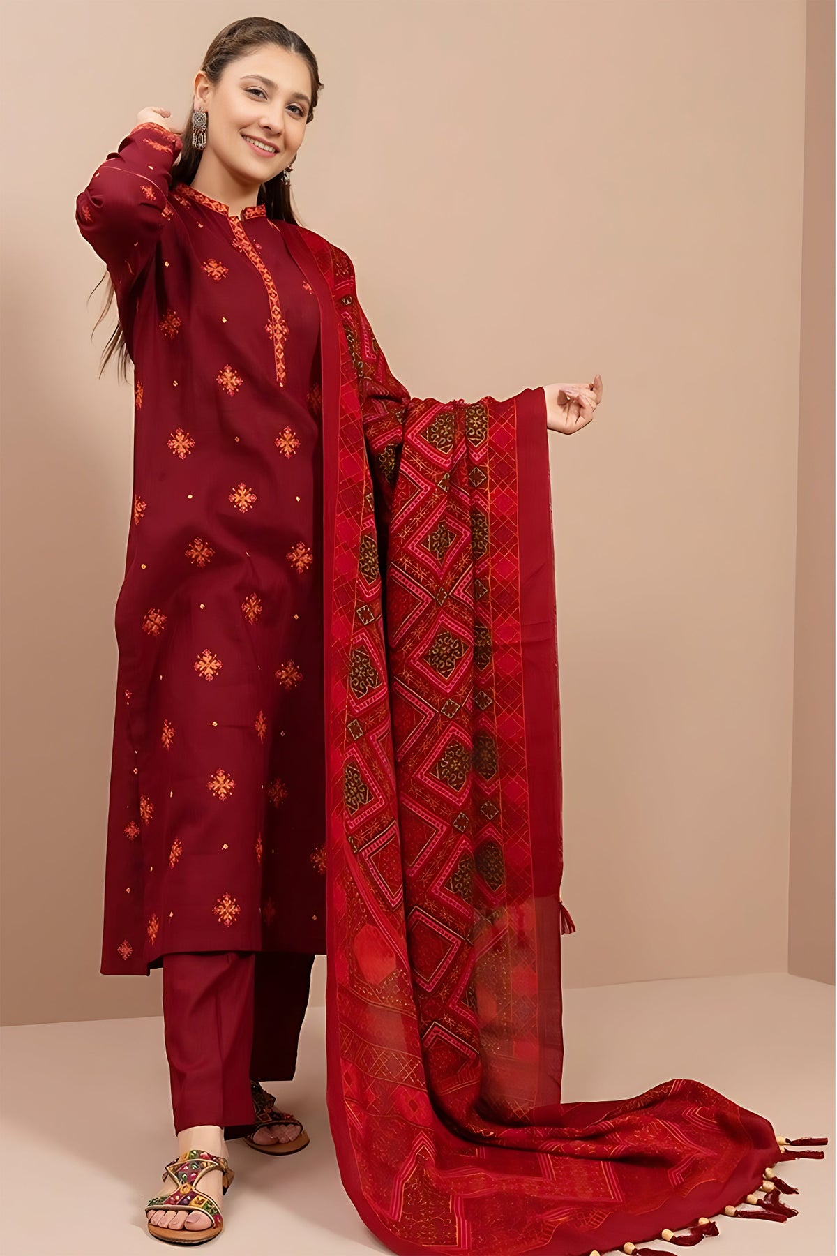 KAYSERIA - 3PC DHANAK EMBROIDERED SHIRT WITH TWILL PRINTED SHAWL AND TROUSER - HZG2504