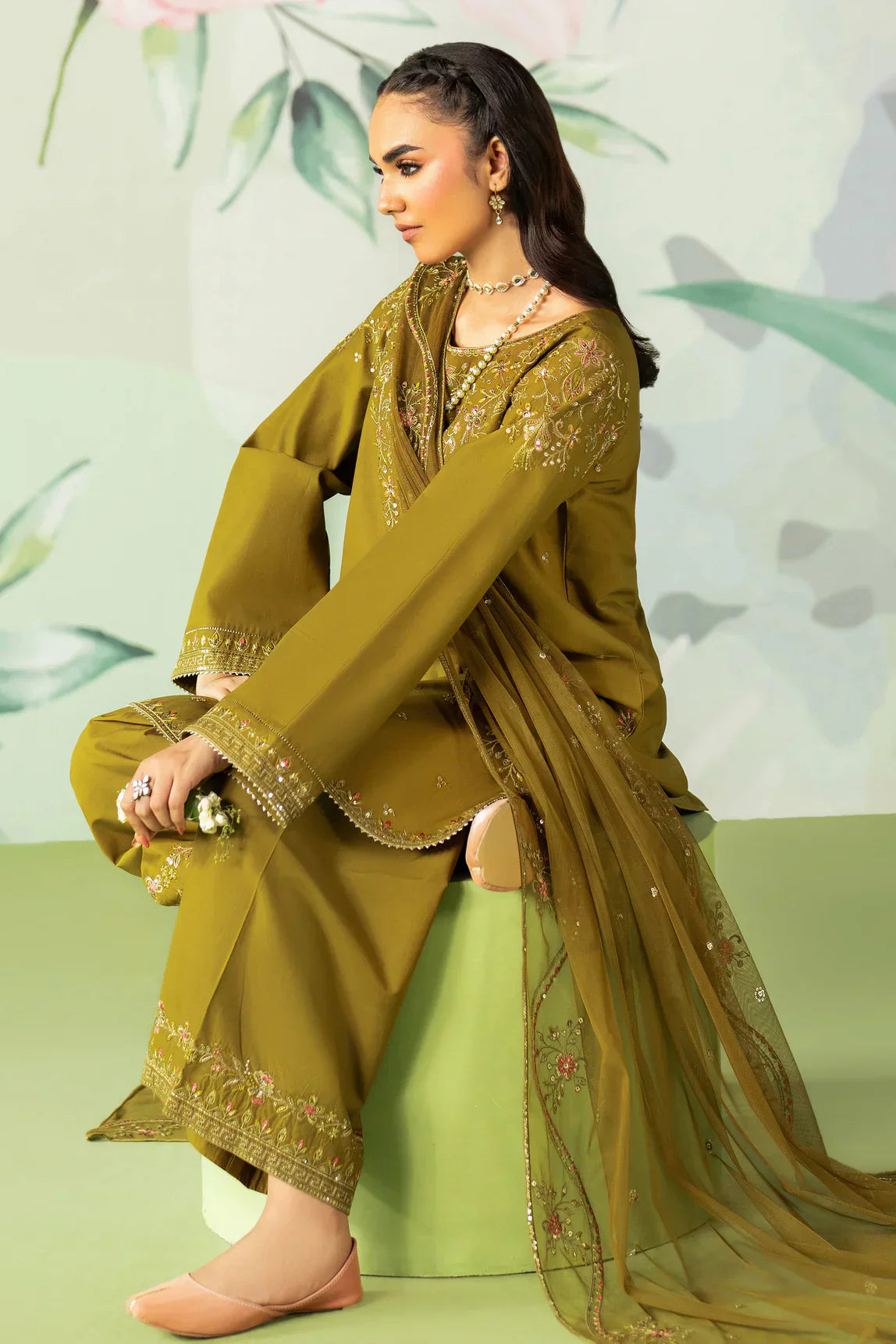 NAQSHI - 3PC DHANAK EMBROIDERED SHIRT WITH COTTON NET EMBROIDERED DUPATTA AND TROUSER - HZG2399