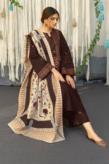 URGE - 3PC DHANAK EMBROIDERED SHIRT WITH TWILL PRINTED SHAWL AND TROUSER - HZG1484