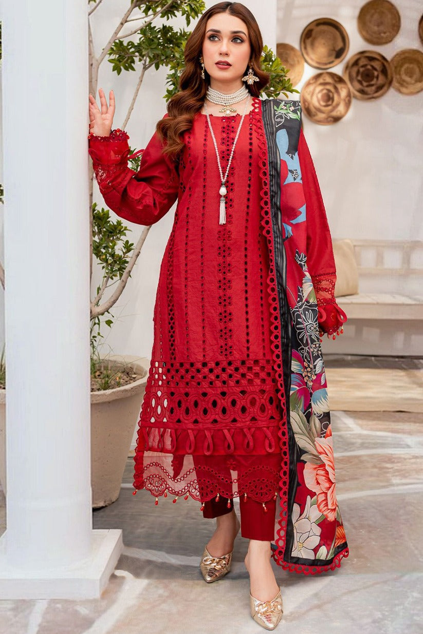 MARIA B - 3PC CHIKANKARI LAWN EMBROIDERED SHIRT WITH DIAMOND PRINTED DUPATTA AND TROUSER - HZG1561