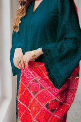 MARIA B - 3PC LAWN CHIKANKAARI EMBROIDERED SHIRT WITH CHUNRI PRINTED DUPATTA AND TROUSER - HZG2194