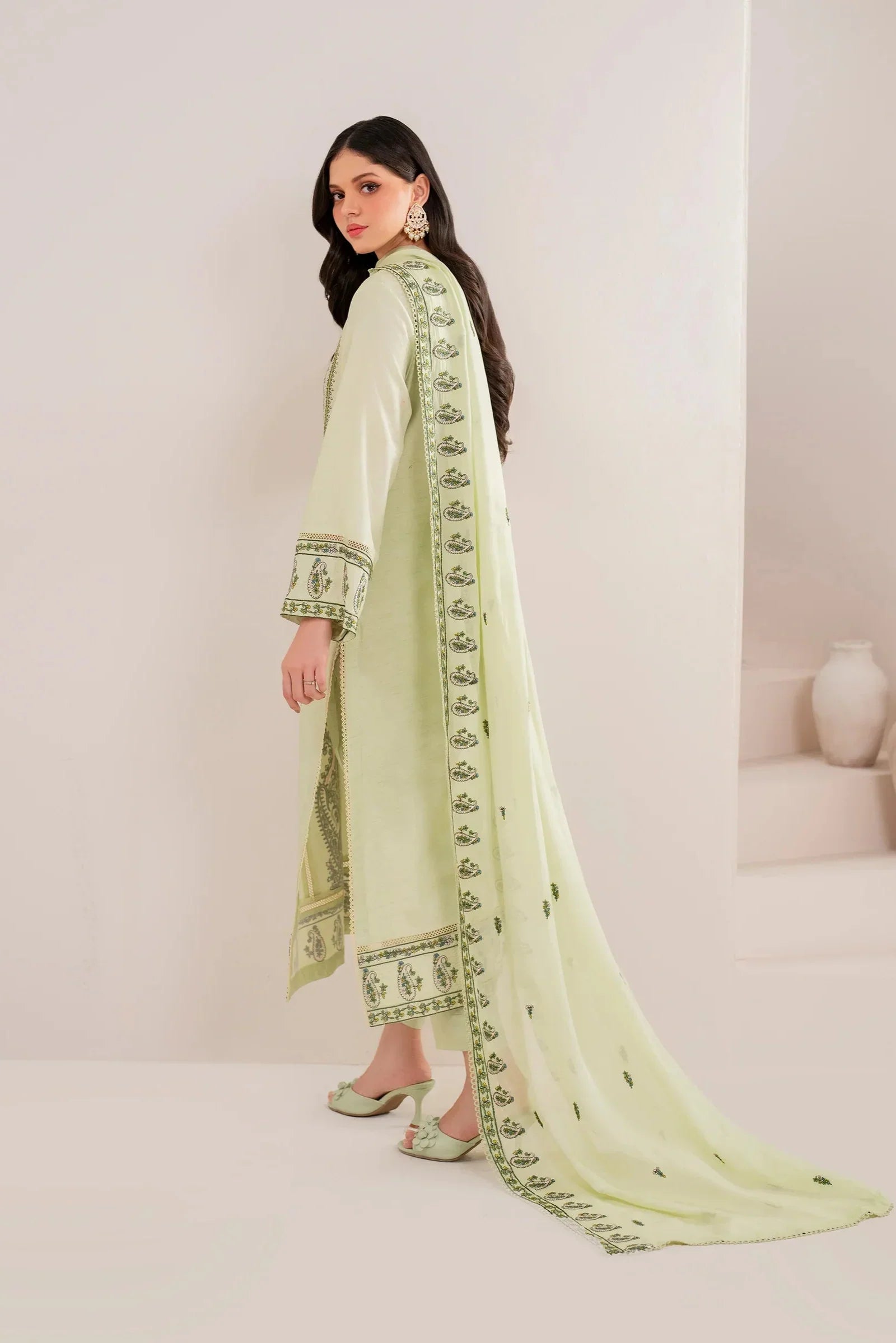 GARNET - 3PC DHANAK EMBROIDERED SHIRT WITH DHANAK EMBROIDERED SHAWL AND TROUSER - HZG2404