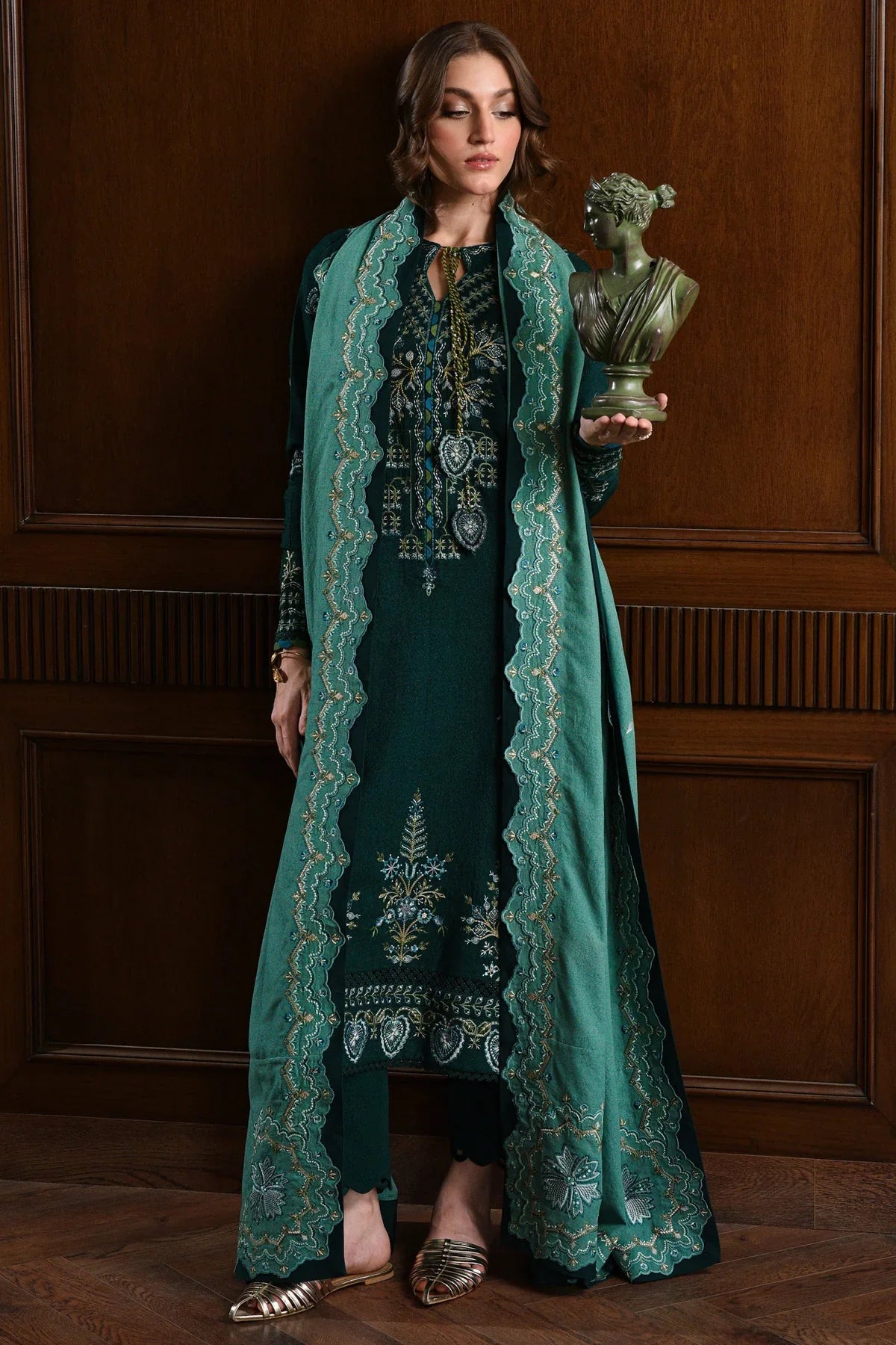 BATIK - 3PC DHANAK EMBROIDERED SHIRT WITH DHANAK  EMBROIDERED SHAWL AND TROUSER - HZU2525