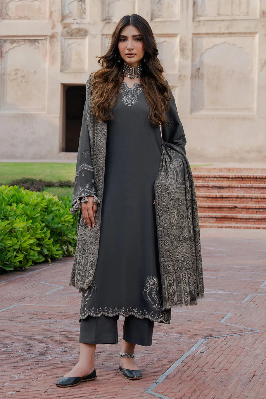 IZEL - 3PC DHANAK EMBROIDERED SHIRT WITH TWILL PRINTED SHAWL AND TROUSER - HZU2582