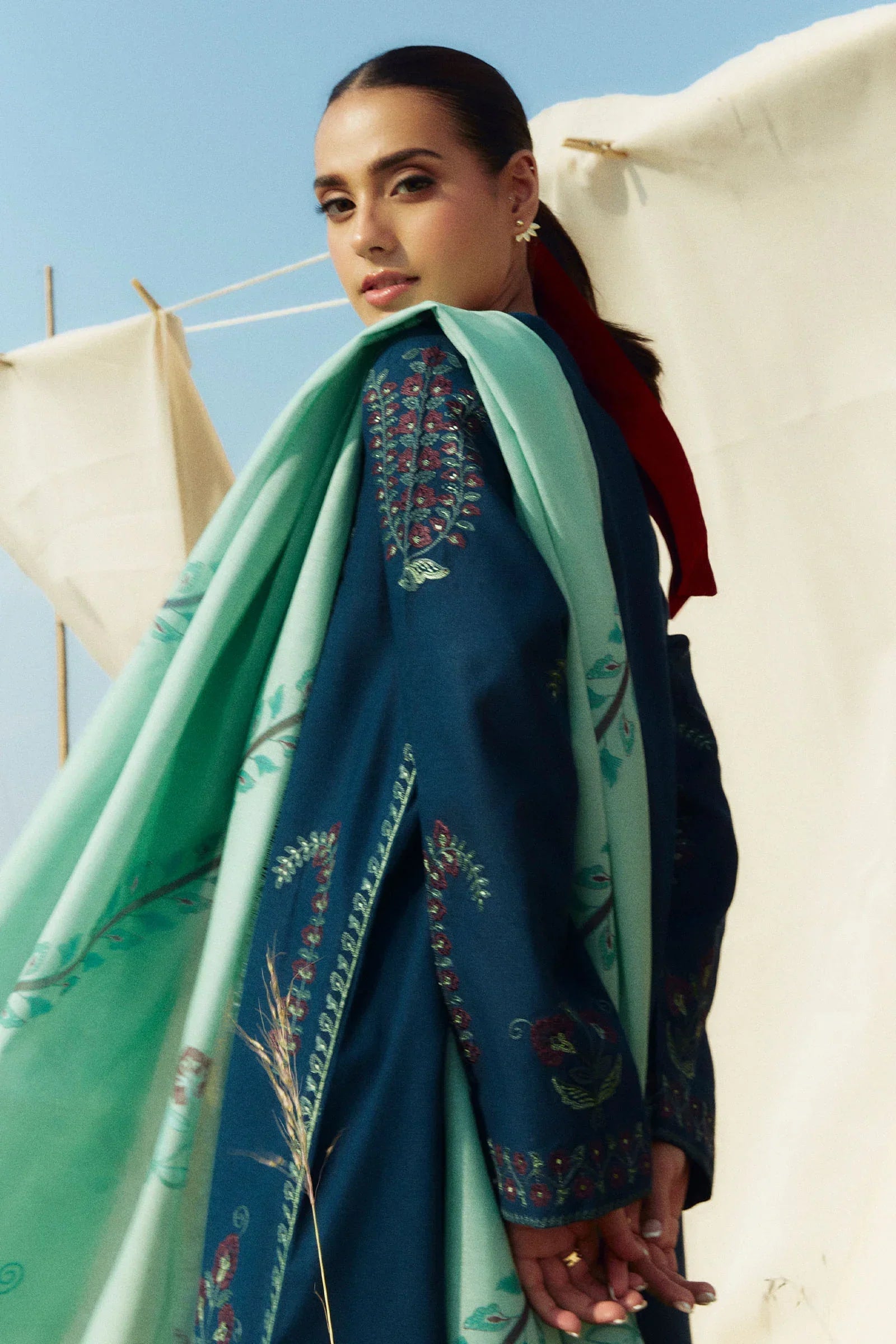 ZARA SHAHJAHAN - 3PC KHADDAR EMBROIDERED SHIRT WITH TWILL PRINTED SHAWL AND TROUSER - HZG1887