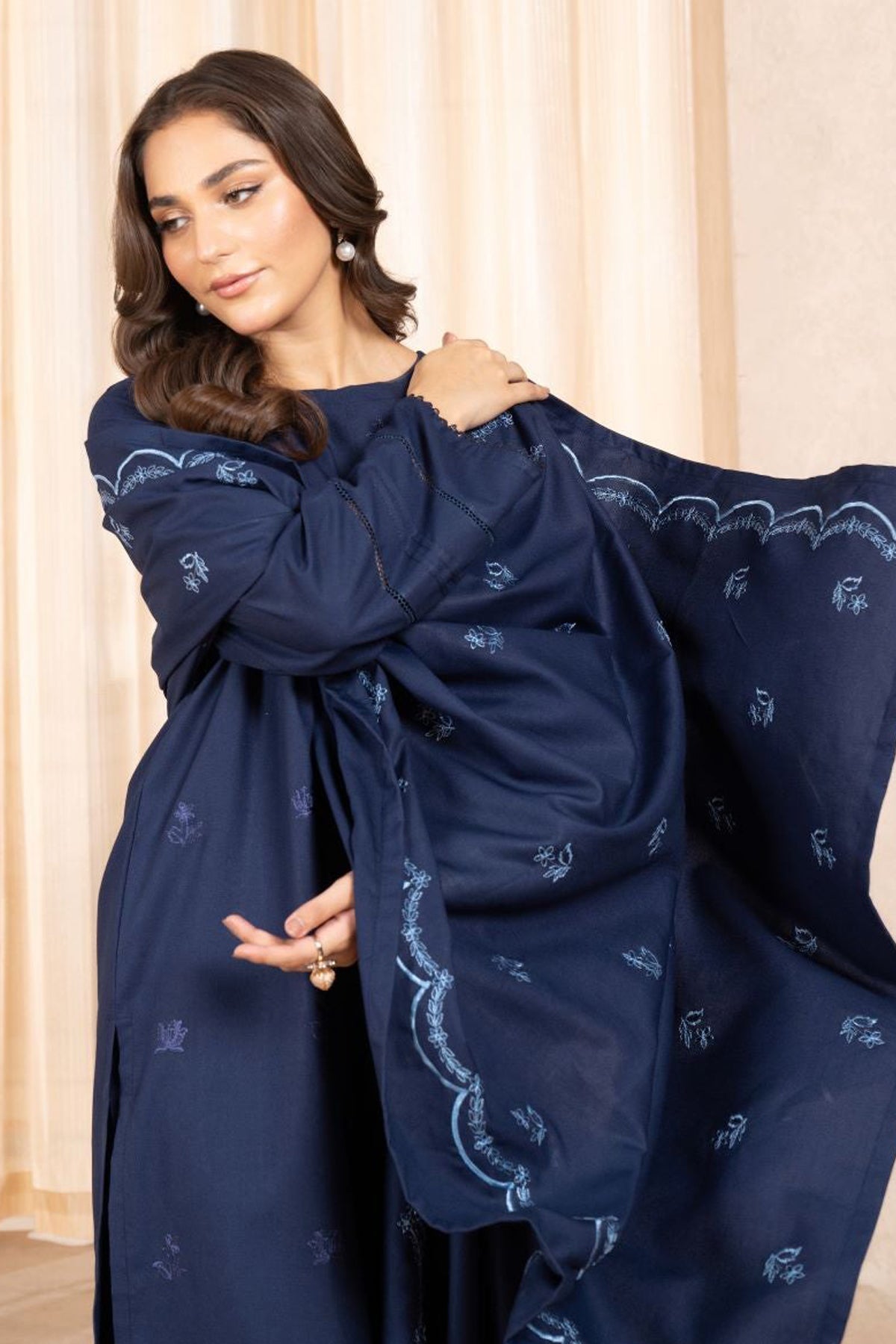 LAZULI - 3PC DHANAK EMBROIDERED SHIRT WITH DHANAK EMBROIDERED SHAWL AND TROUSER - HZG1948
