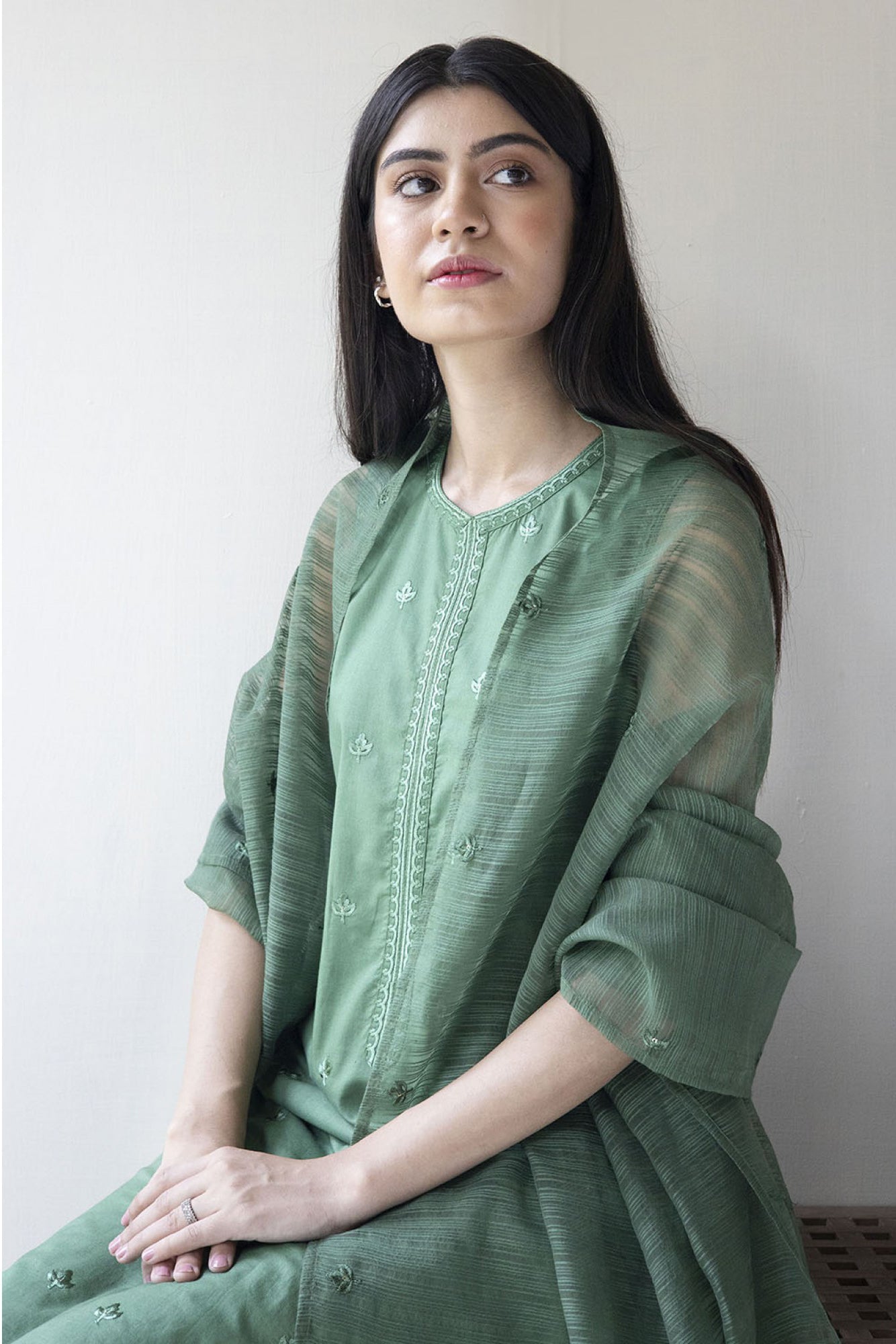 DYOT - 3PC DHANAK EMBROIDERED SHIRT WITH ORGANZA EMBROIDERED DUPATTA AND TROUSER - HZG2455