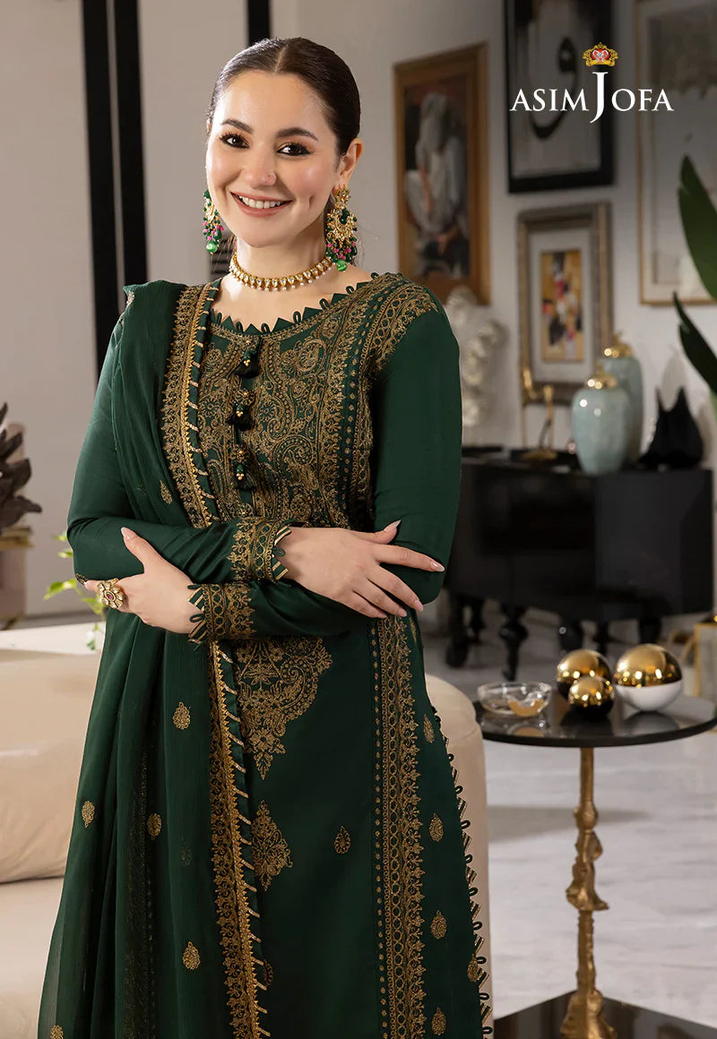 ASIM JOFA - 3PC DHANAK EMBROIDERED SHIRT WITH CHIFFON EMBROIDERED DUPATTA AND TROUSER - HZG2414