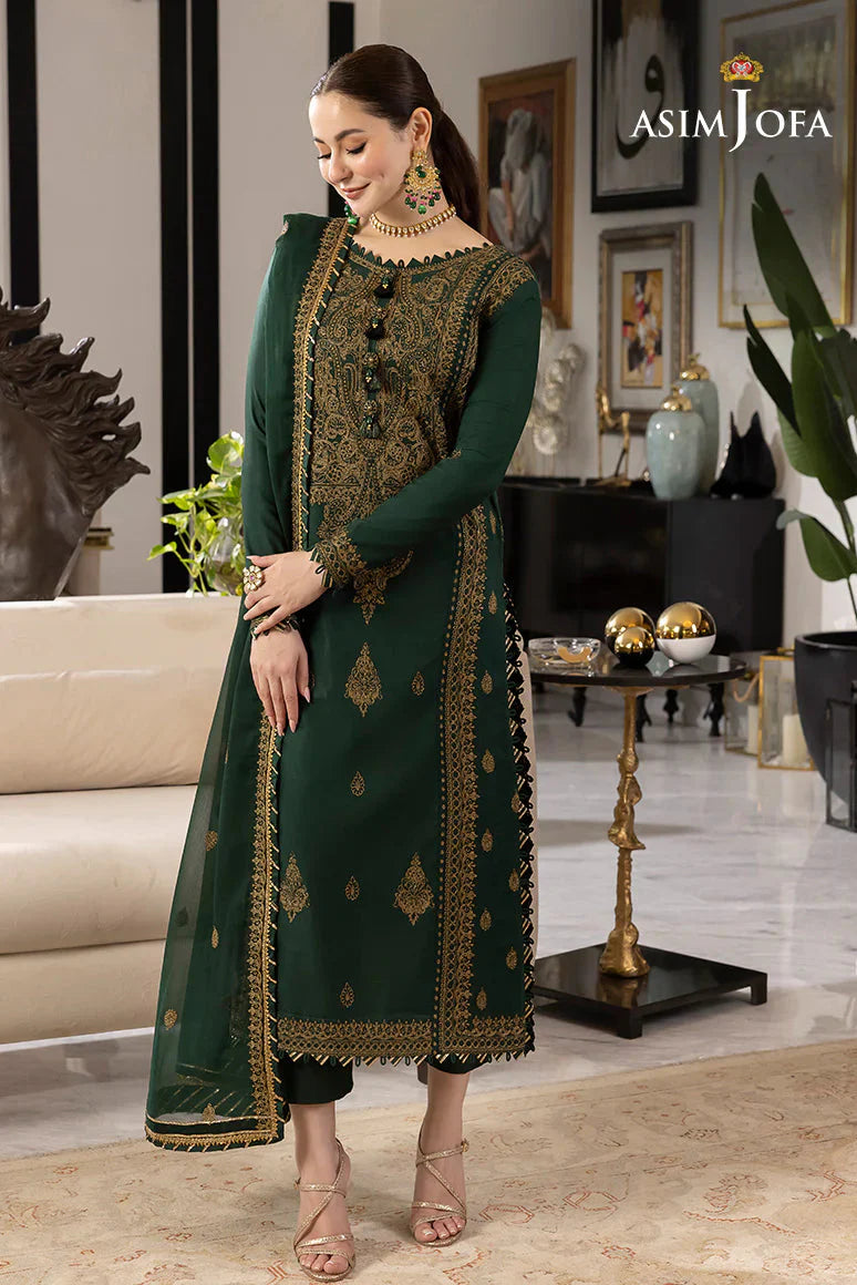 ASIM JOFA - 3PC DHANAK EMBROIDERED SHIRT WITH CHIFFON EMBROIDERED DUPATTA AND TROUSER - HZG2414