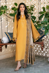 IZEL - 3PC DHANAK EMBROIDERED SHIRT WITH TWILL PRINTED SHAWL AND TROUSER - HZU2585