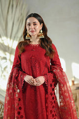 QALAMKAR - 3PC LAWN CHIKANKAARI EMBROIDERED SHIRT WITH CHIFFON PRINTED DUPATTA AND TROUSER - HZG2718