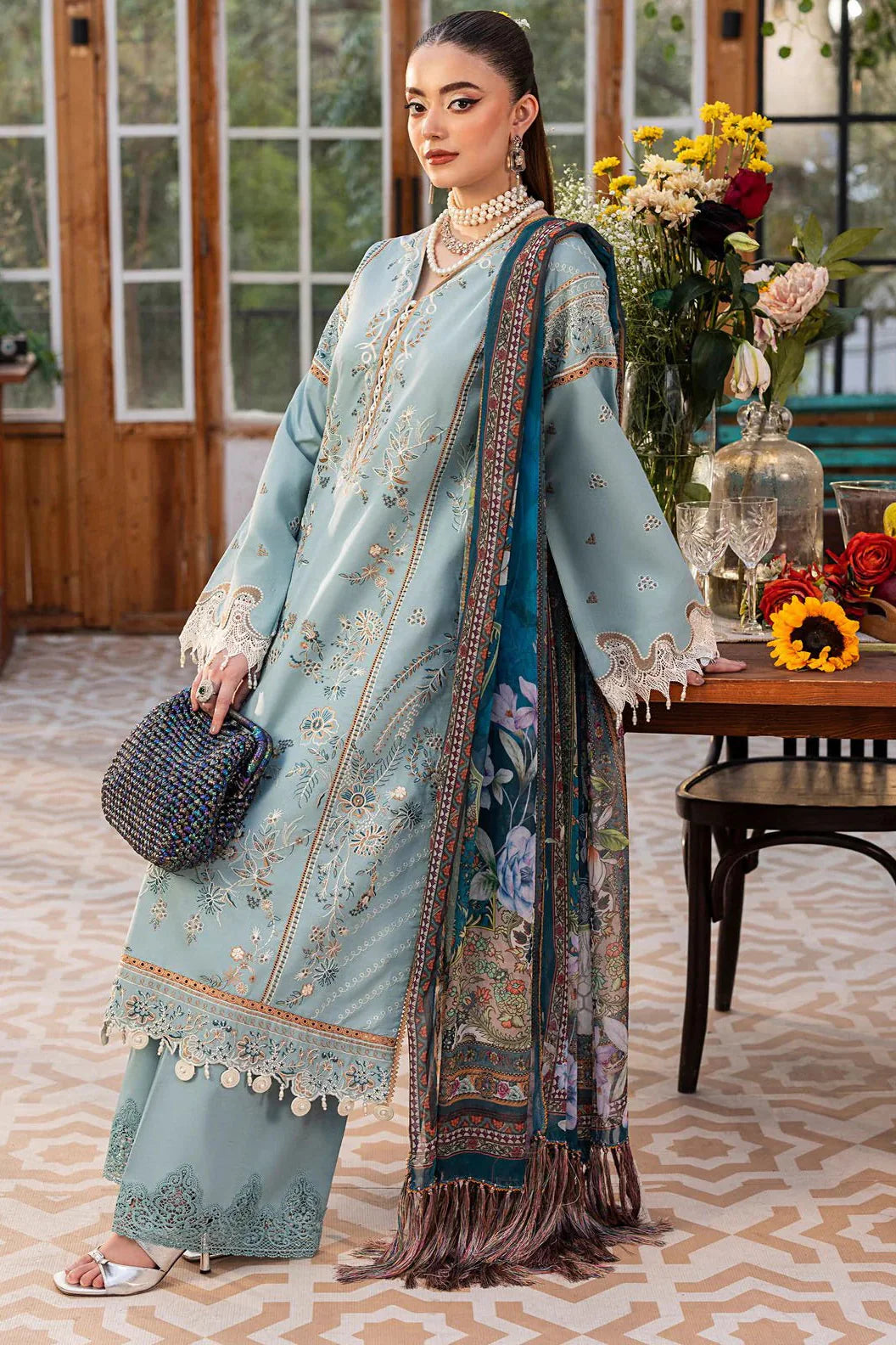 SAPPHIRE - 3PC LAWN EMBROIDERED SHIRT WITH CHIFFON PRINTED DUPATTA AND TROUSER - HZG2698